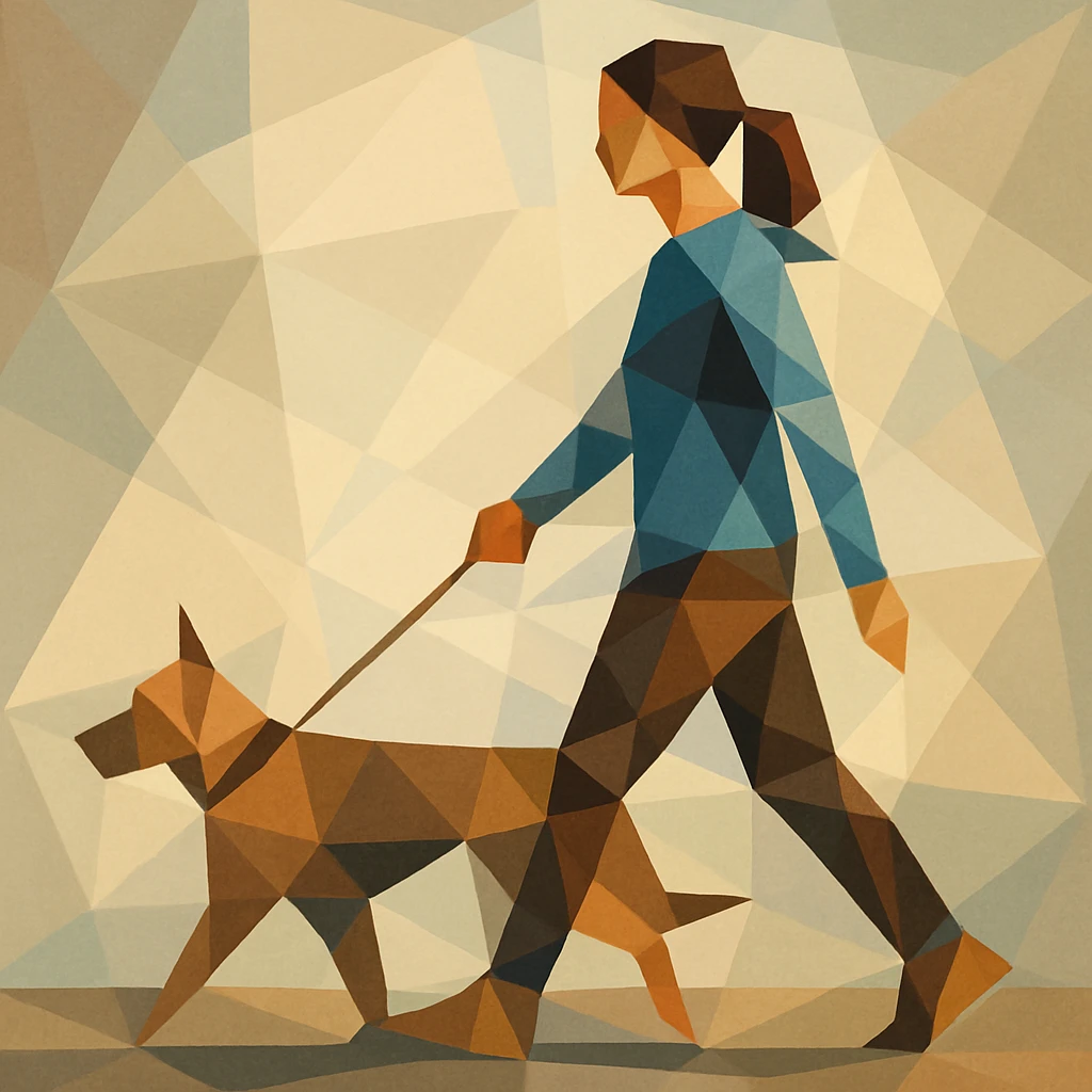 Woman walking a dog with fractured into overlapping cubes and triangles. emoji