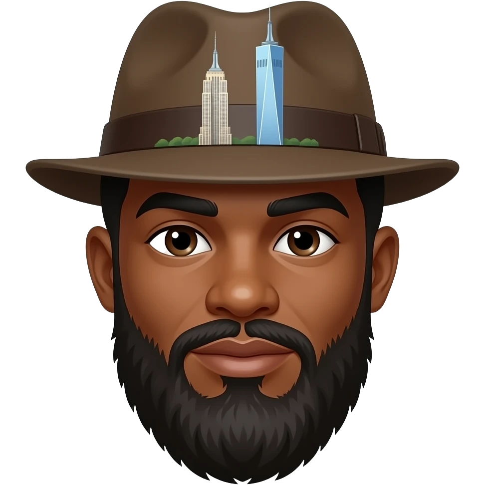 black skin-colored man with a big beard, and a hat with 2 modern NYC towers emoji