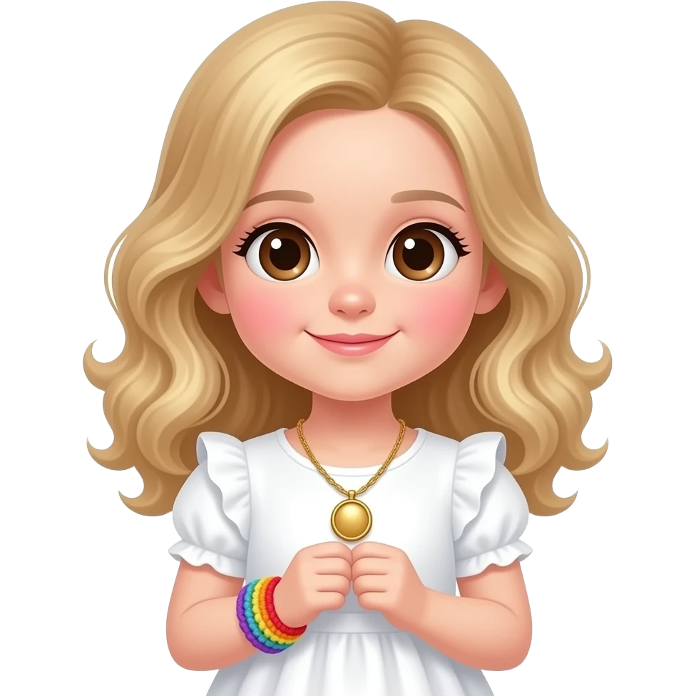 little girl with pale skin, pink cheeks, warm blond waist length ringlets spilling over shoulders, big brown eyes, dimples, white dress, small golden locket , and a rainbow crocheted bracelet on her wrist. emoji