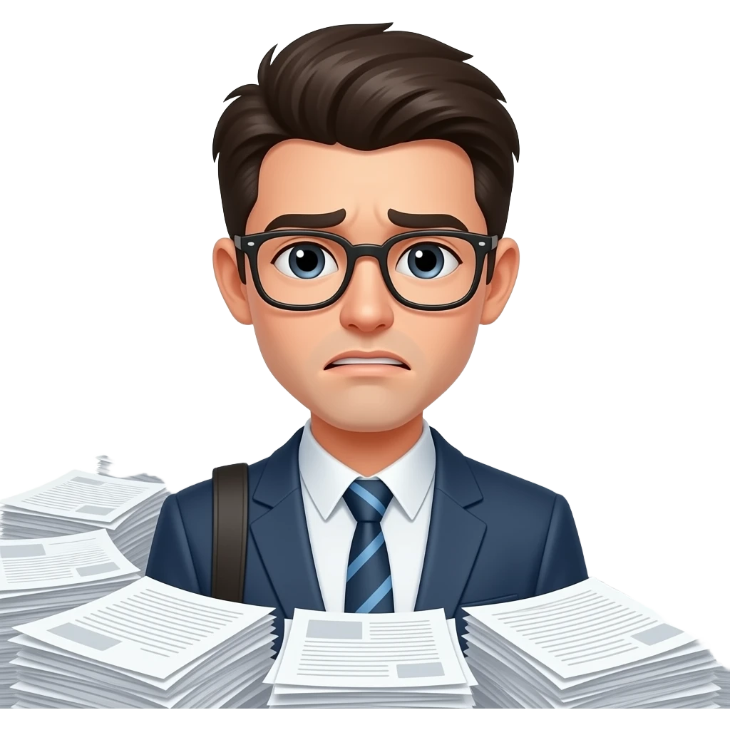 exhausted student with glasses with thousands of documents @emoji emoji
