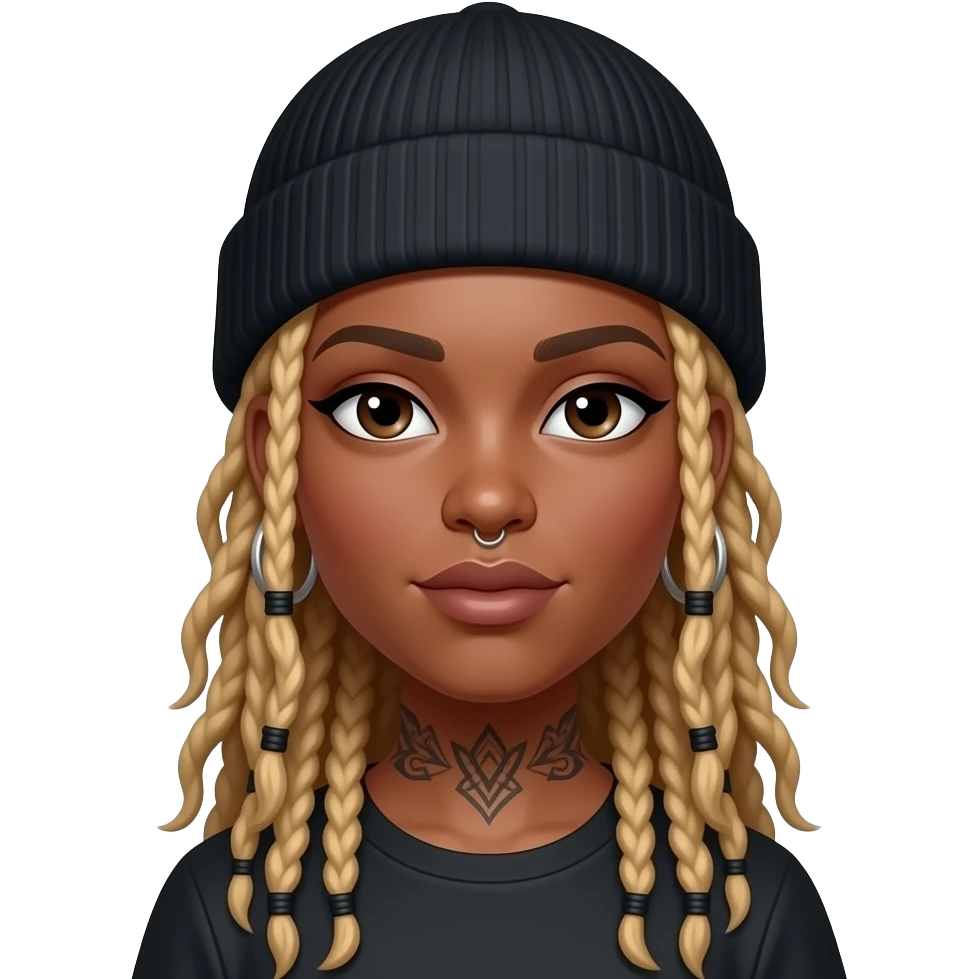 Black girl with blonde locs, hoop earrings, nose piercing, tattoos and black fitted hat emoji
