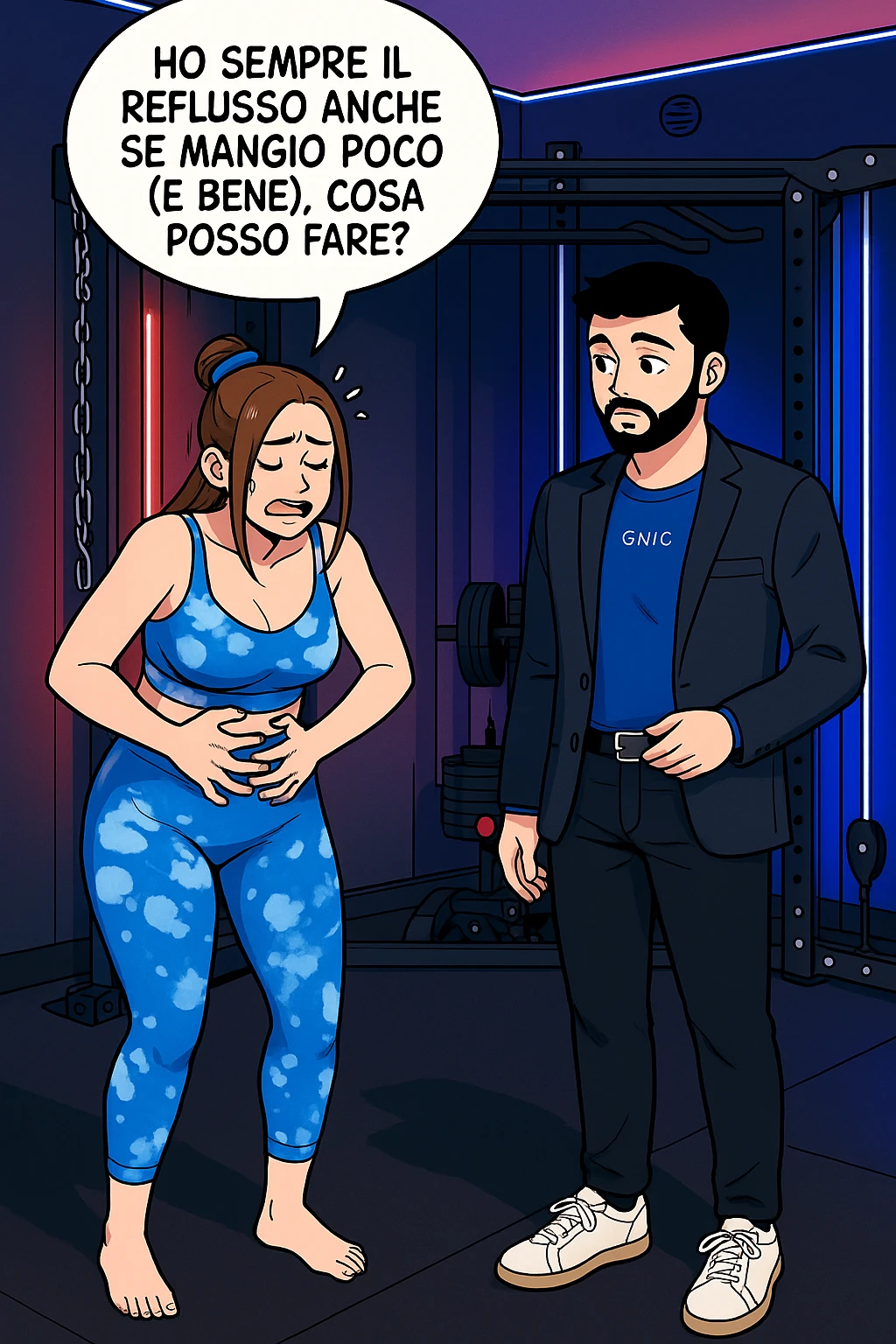 TRASFORMA QUESTO CAROSELLO IN UN FUMETTO STILE WEBTOON/MANGA A COLORI CON QUESTE DUE PERSONE IDENTICHE CHE INTERLOQUISCONO TRA LORO, LA DONNA è DISPERATA CON LE MANI sulla pania perché soffre di reflusso E STA DOMANDANDO TUTTA AGITATA UNA COSA ALL'UOMO:

LEI (DONNA): Ho sempre il reflusso anche se mangio poco (e bene), cosa posso fare?
 emoji