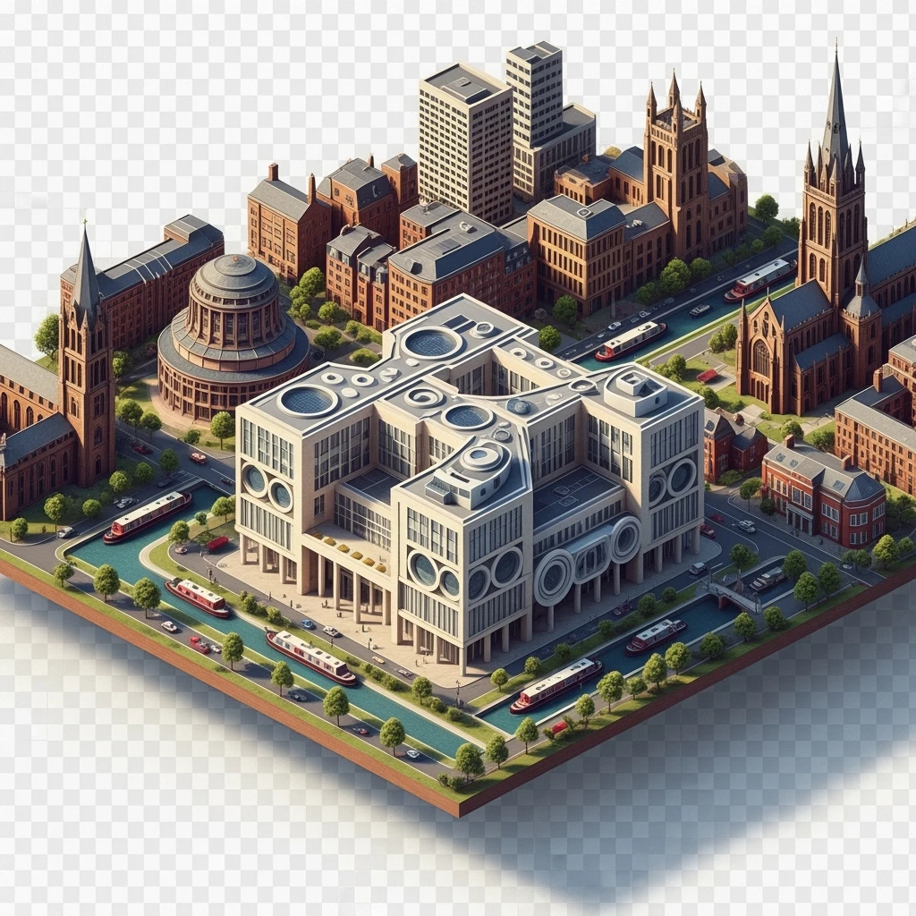 Isometric illustration of Birmingham, featuring the Library of Birmingham with its modern architecture, balanced between stylized and realistic, 3D miniature effect, transparent background. emoji