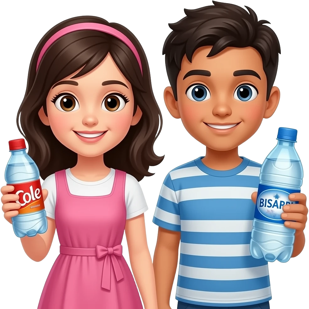 Girl holding a Cole bottle and boy holding a bisleri emoji