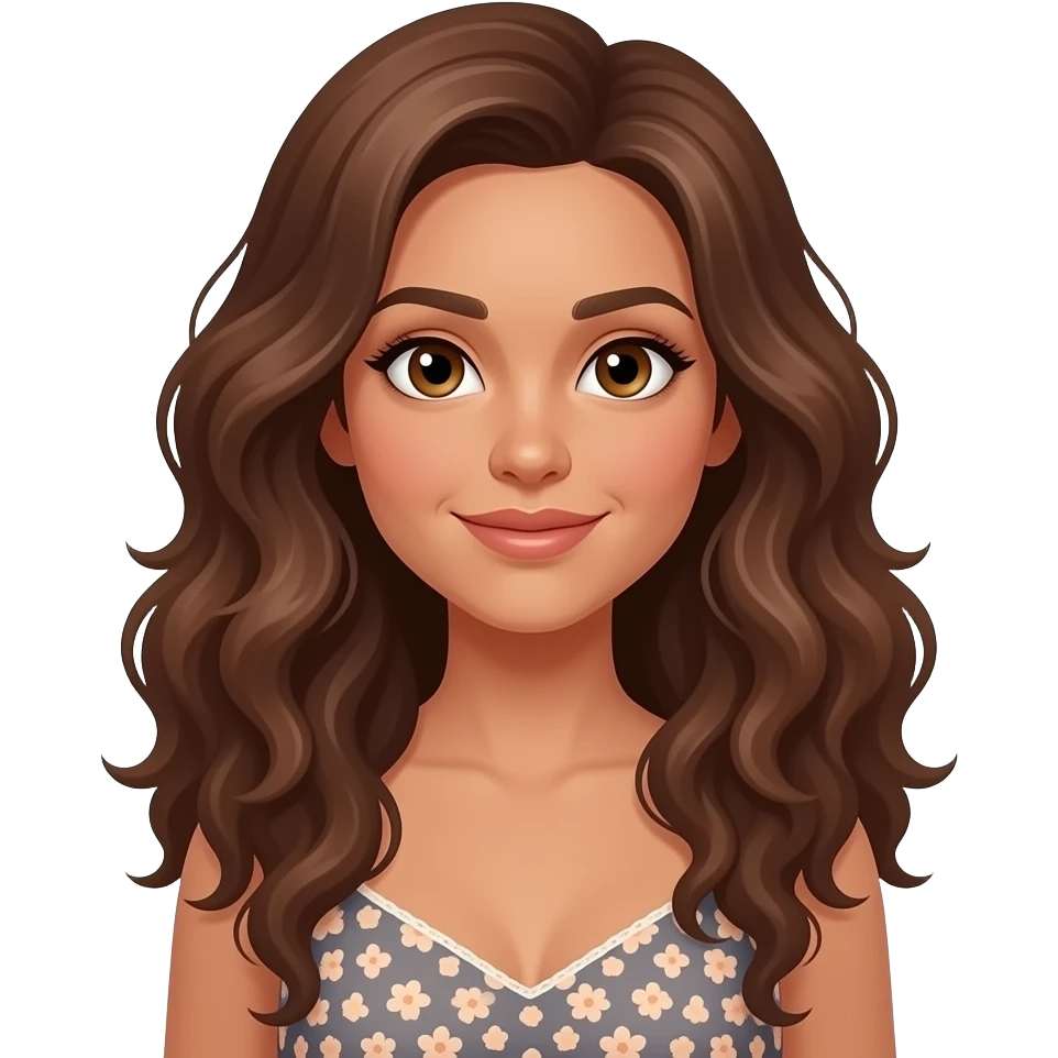 femme, bronzée, cheveux longs bruns bouclés, yeux marron, en robe emoji