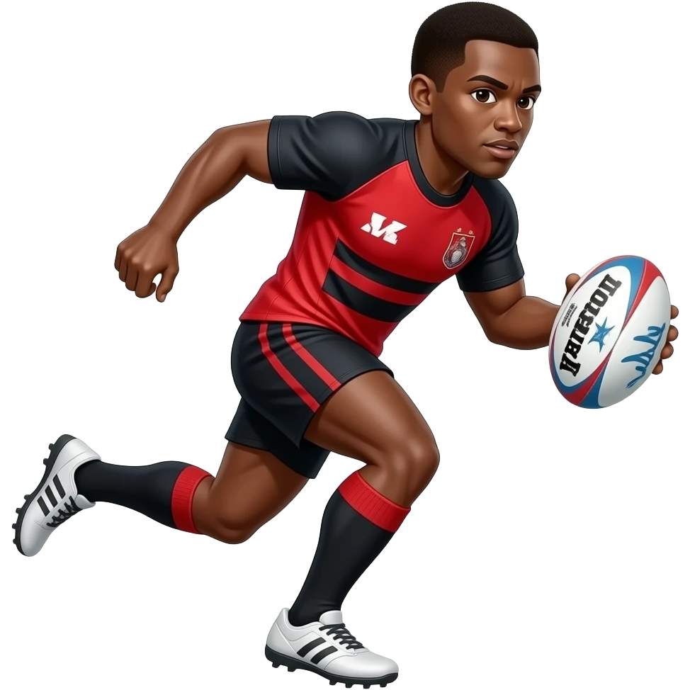 Joueur de rugby africain courant avec balle maillot rouge et noir emoji