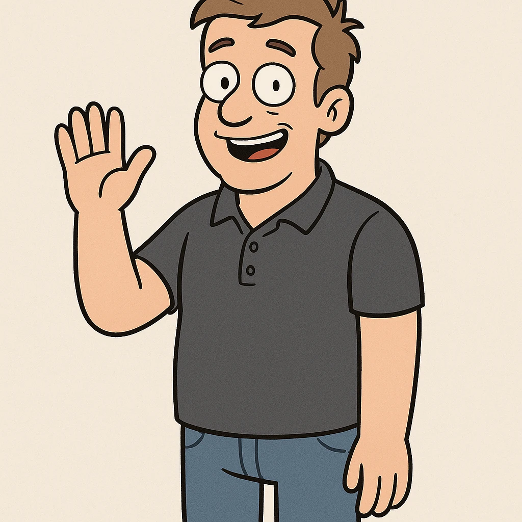 A man and light brown hair Dark Grey Pique Polo Shirt blue jeans hand to say hello emoji