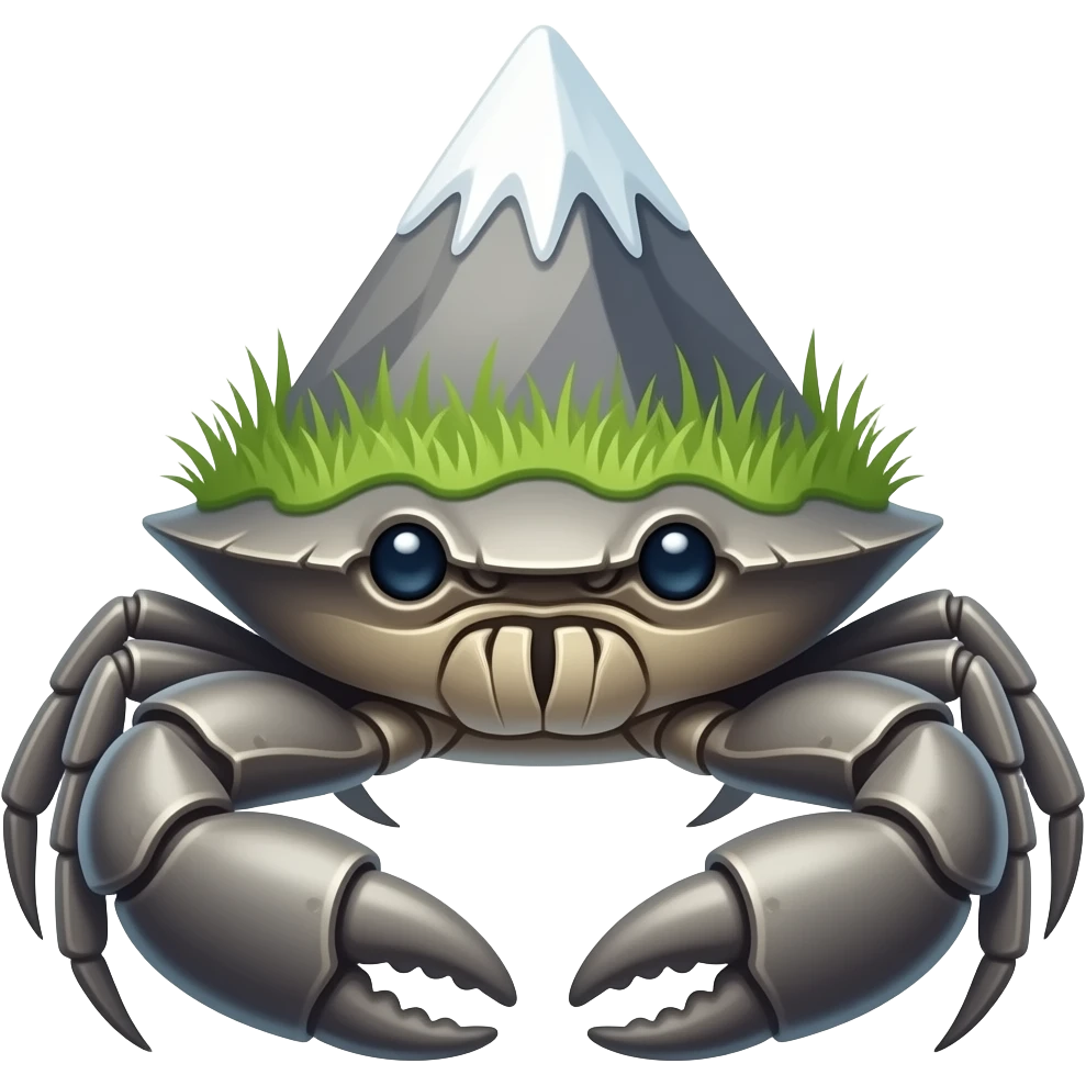 A big gray crab facing forward with a mountain on his back with grass on it emoji