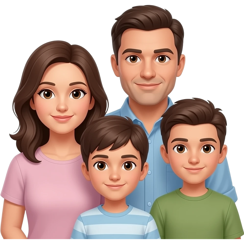 Family emoji of brunette mom, dad and 2 teen boys (one 17 and the other 13), all with brown eyes and olive skin emoji