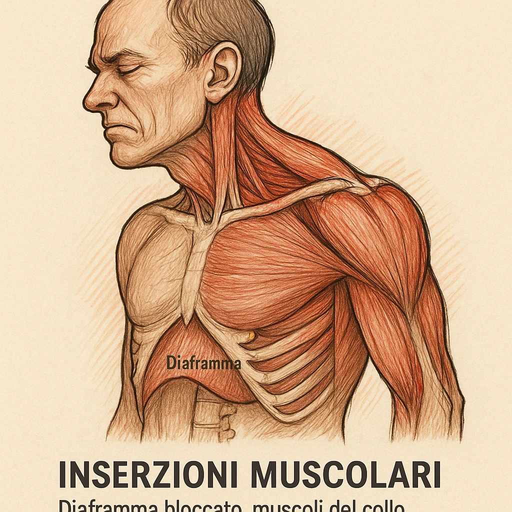 illustrazione con focus sulle inserzioni muscolari, diaframma bloccato, muscoli del collo e scapole sovraccaricati, didascalia in italiano emoji