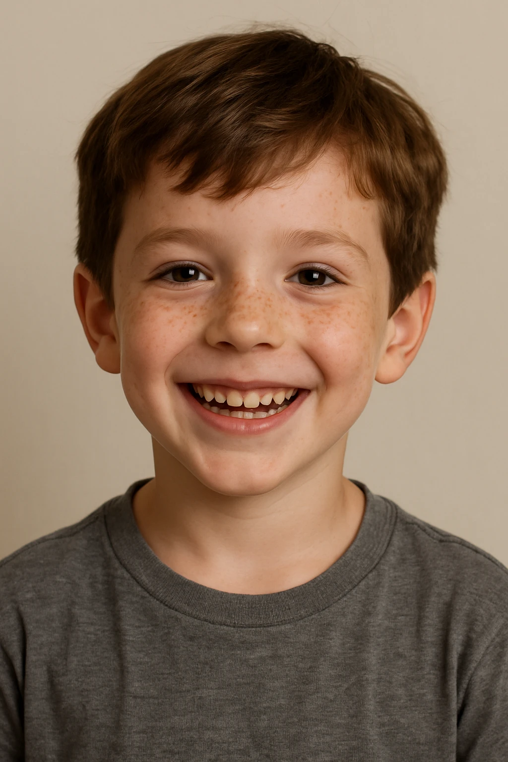 young boy with brown hair and freckles, happy, neutral background emoji