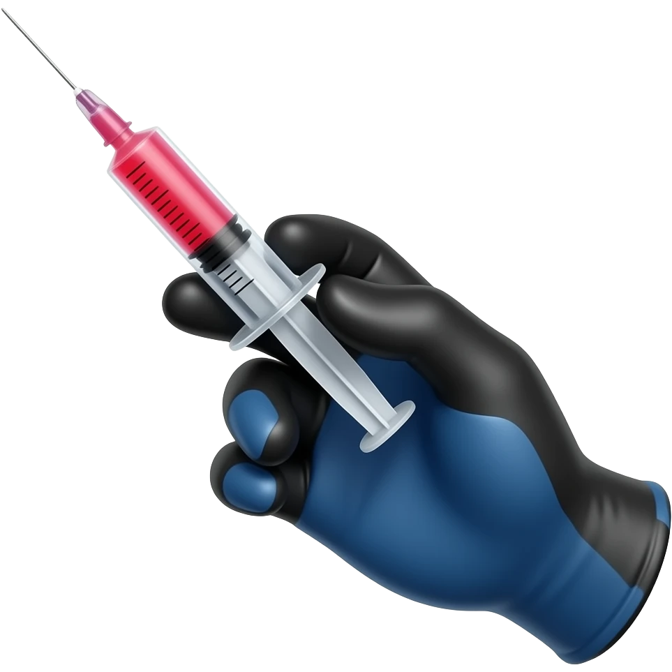 A gloved dainty male hand holding a syringe with glowing neon-red liquid inside. The glove is black but is cobalt-blue on the palm Side emoji