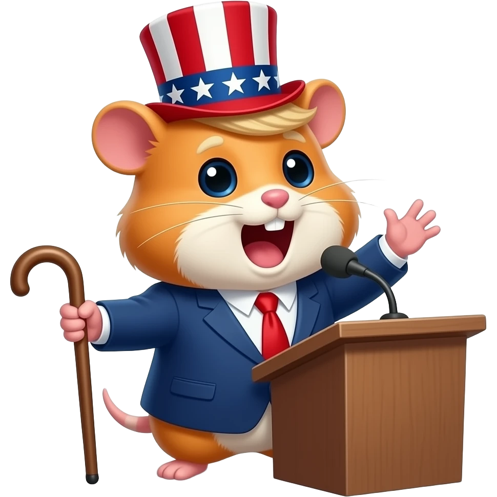 хом'як в образі президента сша з капелюхом в кольори американського прапору, з тростинкою, він стоїть за трибуною та виукує промову, він дуже емоційний та стоїть напівобертом, він вигукує надихаючу промову emoji