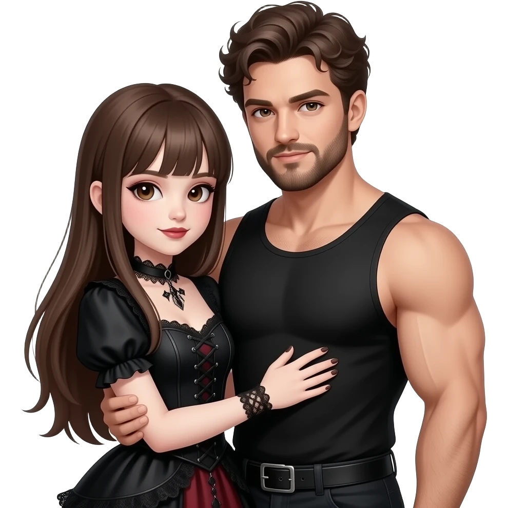 realistic sexy pale skin long straight brown hair girl brown eyes long face wearing gothic dress and gothic makeup HD and her muscular man short brown curly hair and beard hugging emoji