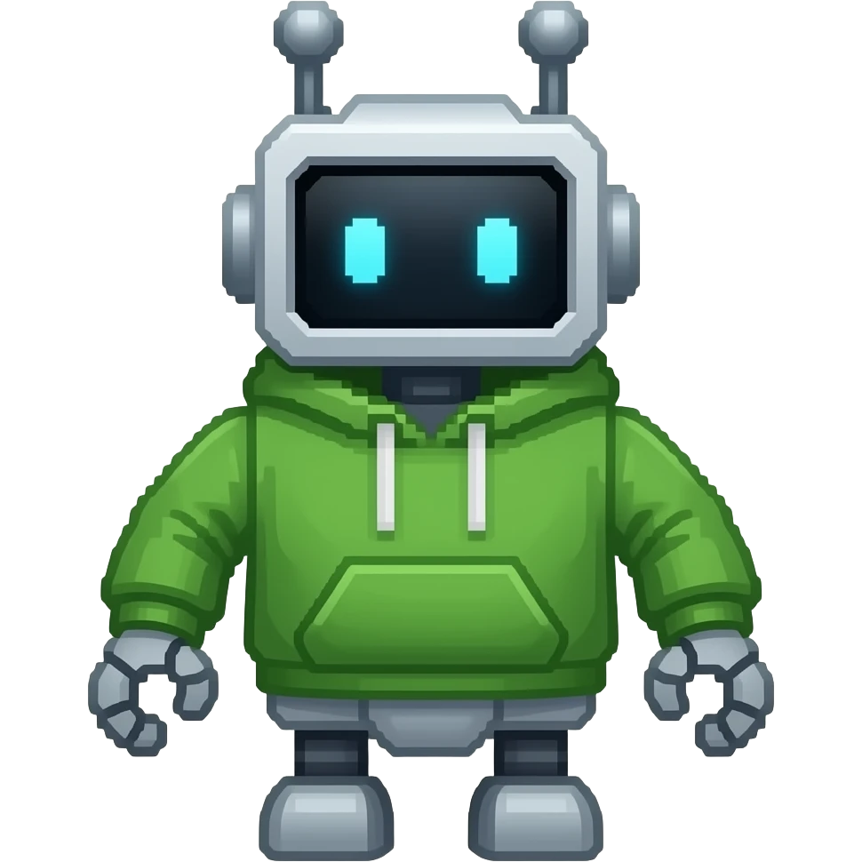 Robot in green hoodie pixelated square emoji
