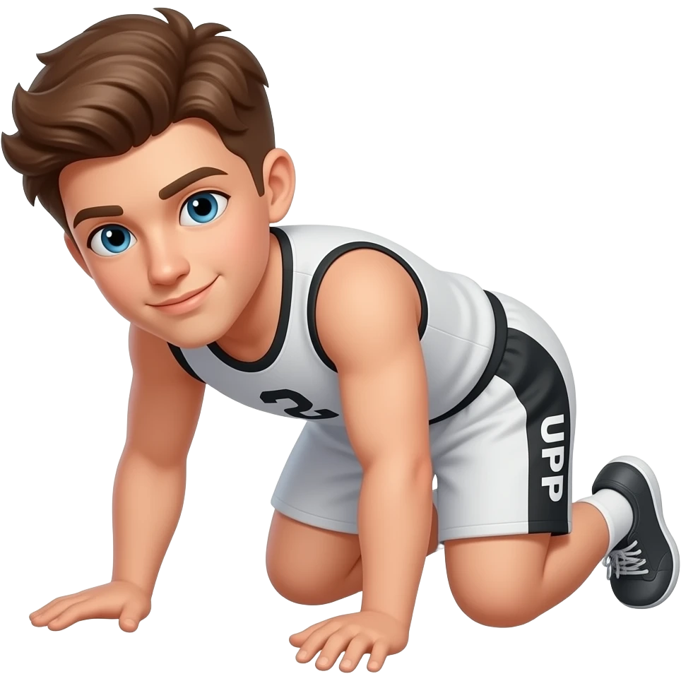 guy with brown hair with white white and black shorts that say "UPP" in white on the side forearms / elbows touching the ground), arms not straight. emoji