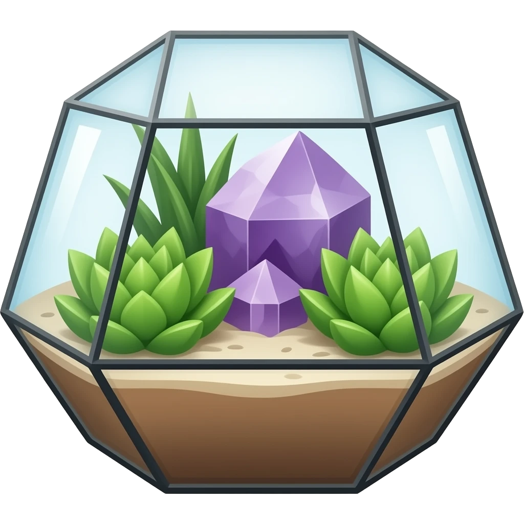 succulent geometrical terrarium with amethyst cluster inside emoji