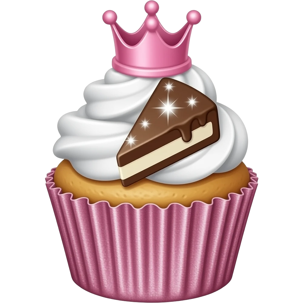 glitter cupcake with beautiful wrapper and pink crown and white frosting and chocolate cake with sparkles emoji