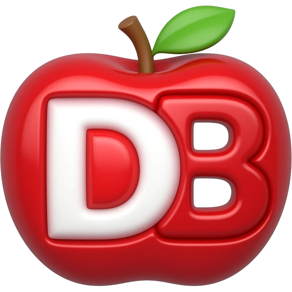 👉  TWO👉👉 "3D letters D and B shaped like red apples, glossy finish, soft rounded edges, bright red color with subtle highlights, centered, white background, high quality render" emoji