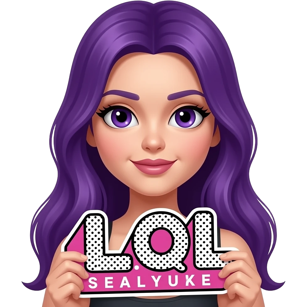 sexy girl with long purple hair and purple eyes holding a L O L sign emoji