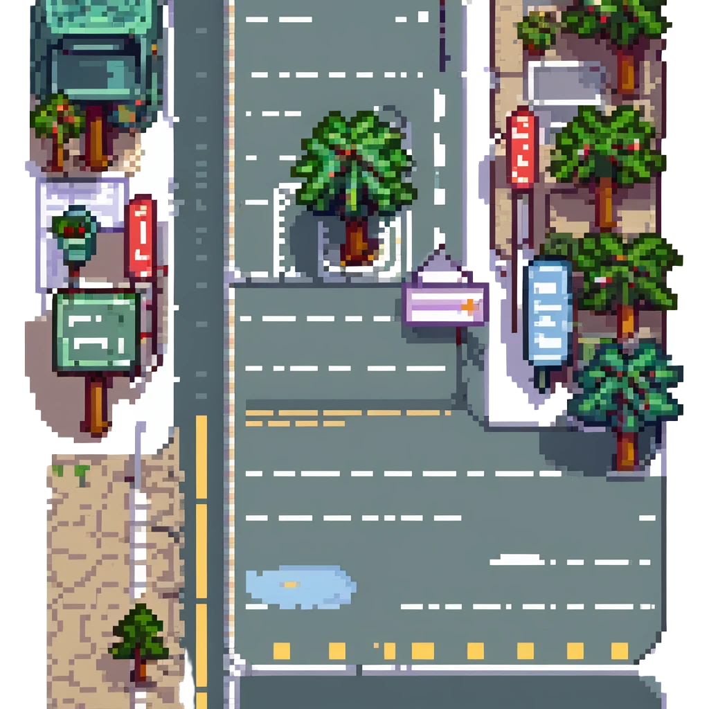 English learning material: pixel art style illustration of common places in town, labeled, with a road and trees emoji