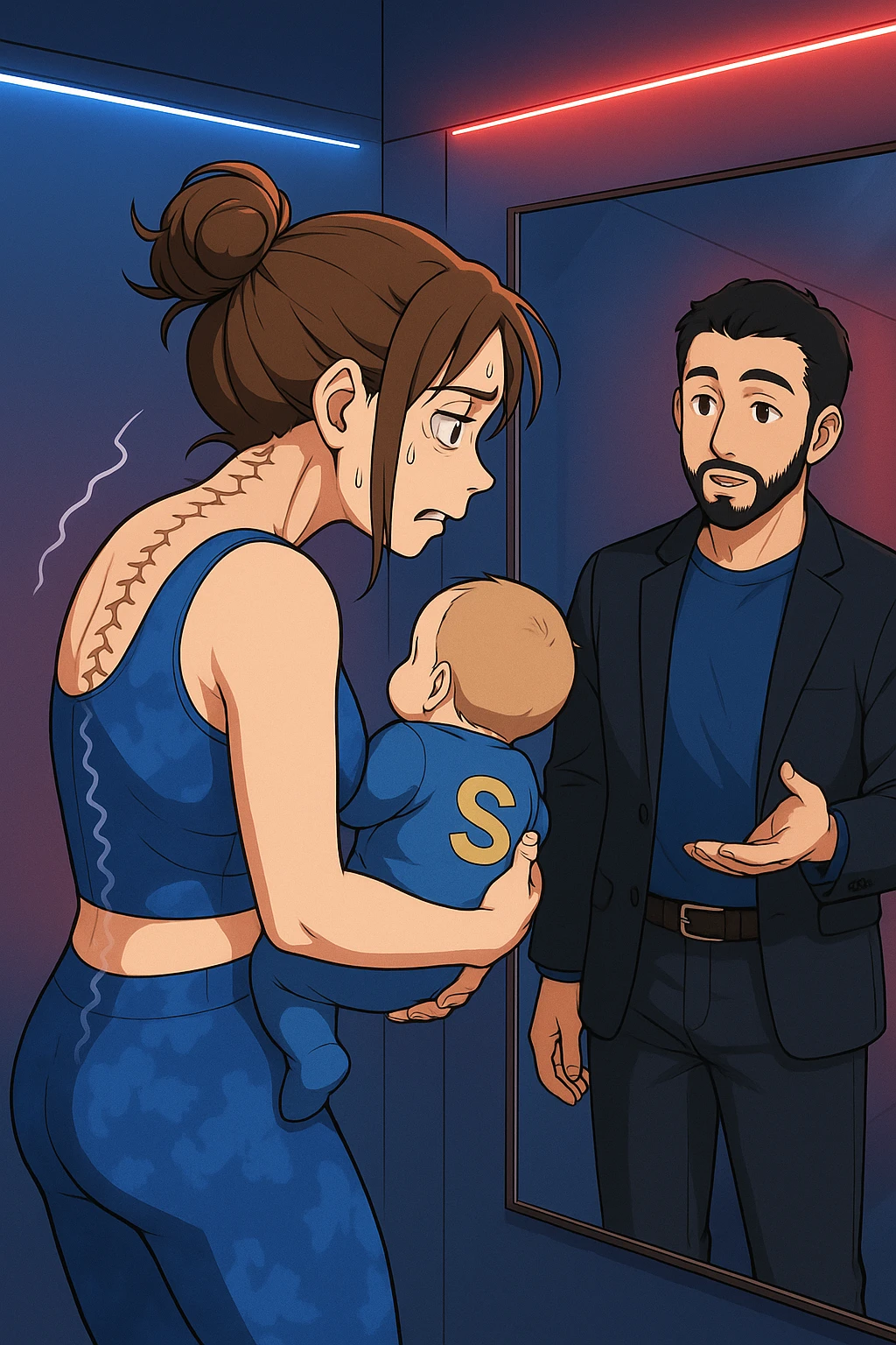 ispirati a questo stile di disegno e fai questa immagine in versione manga/webtoon a colori, il manga mostra la donna che si guarda alla specchio preoccupata di profilo con la postura sbagliata e incurvata, spalle chiuse e curve in avanti, con un neonato in braccio con una tutina azzurra e la scritta "S" sulla schiena, spina dorsale storta della donna in evidenza mentre al suo fianco anche l'uomo guarda la donna riflessa nello specchio e le spiega una cosa, ma non fare i fumetti, fai come se stessero parlando emoji