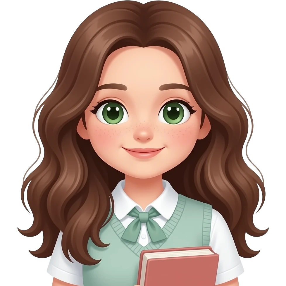 Cute study girl, Long BROWN wavy hair, green eyes, soft smile, aesthetic, minimal, pastel colors, cozy study vibe, holding book or notebook,PREPPY VERY PRETTY FACE WITH FRECKLES emoji