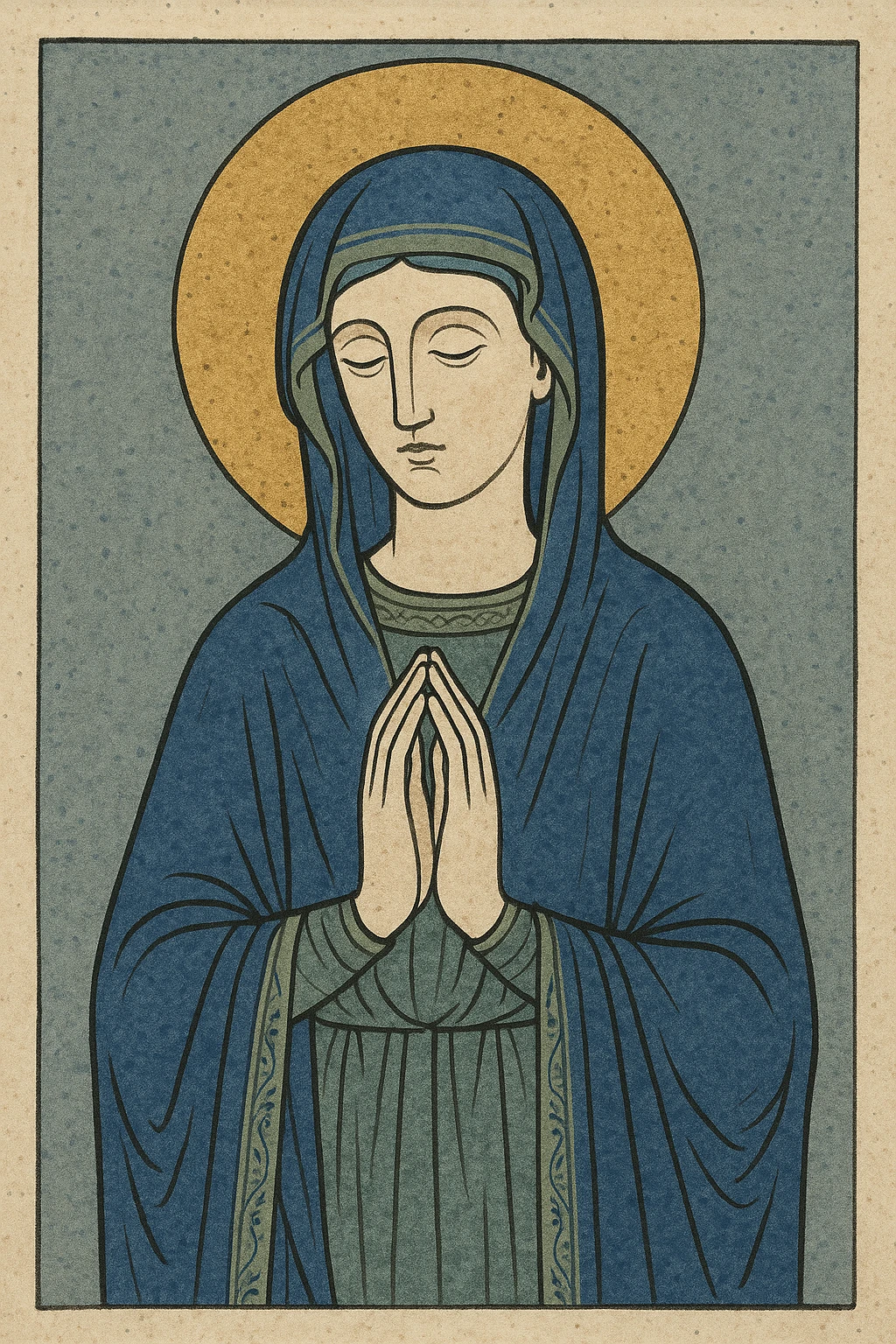 Vierge Marie, illustration douce et lumineuse, auréole dorée, manteau bleu, mains jointes, visage paisible, style iconique religieux emoji