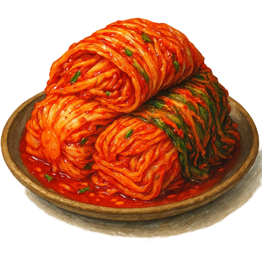 В слега рисованном, но при этом ярком и объемном стиле сгенерируй картинку сочного корейского кимчи, профессионально выставленный свет, который подчеркивает объем, прозрачный фон emoji