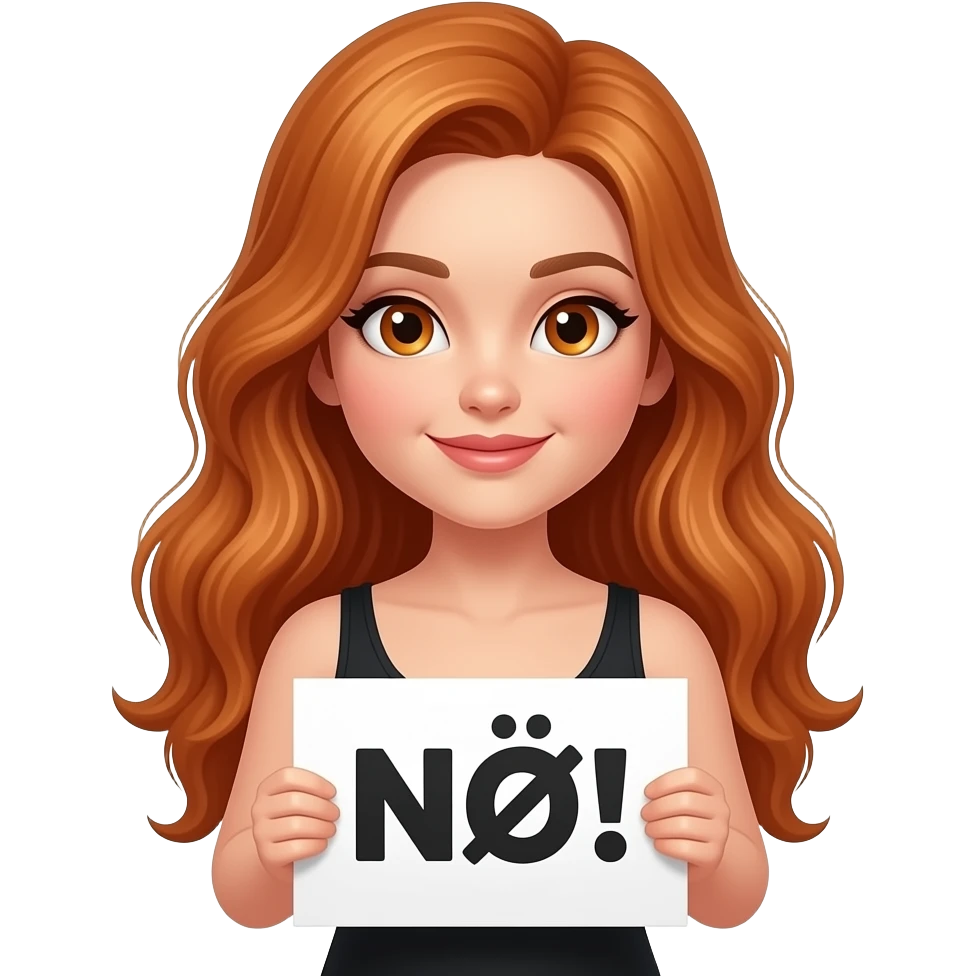 sexy girl with long wavy ginger hair and ginger eyes wearing a black tanktop is holding a white sign with NÖ! written on it emoji