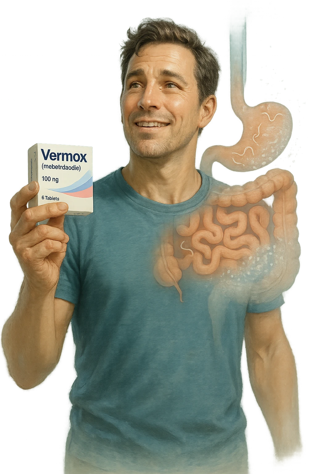 A realistic, cinematic illustration of a man in his late 30s holding a small white box of ‘Vermox’ (mebendazole) in one hand, with a relieved and hopeful expression on his face. Behind him, a semi-transparent overlay shows his digestive tract where small, symbolic worm-like parasites are dissolving and disappearing, indicating the medication’s effect. The environment is clean and bright, with a medical yet hopeful tone, conveying the concept of effective parasite removal. Subtle blue and green tones symbolize cleansing and health restoration, while the man appears energized and ready to reclaim his well-being emoji