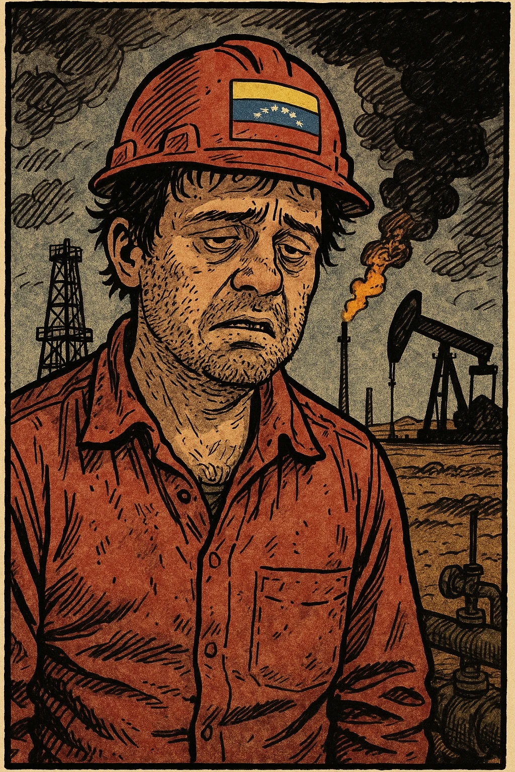 нарисуй в стиле комикса венесуэльского нефтянника на его рабочем месте, который "испортился" - у него щетина некрасивая, лицо помутнённое и несобранное emoji
