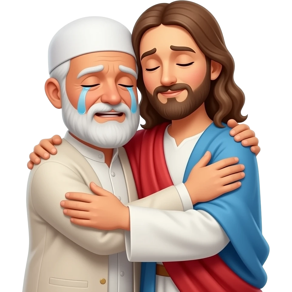 картинка во весь рост пожилой мужчина мусульманин со слезами на глазах обнимает Иисуса во весь рост emoji