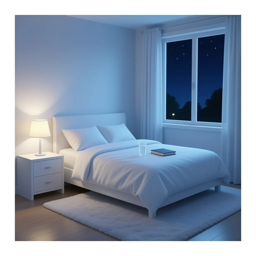 A dimly lit white bedroom. The bed is neatly made, and a glass of water sits beside a book on a cozy emoji
