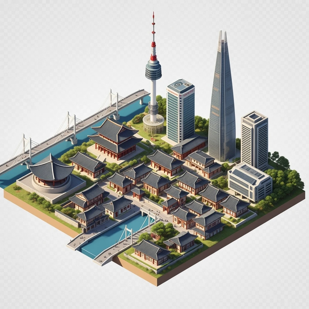 Isometric diorama of Seoul typical houses, Namsan Seoul Tower, Gyeongbokgung Palace, Lotte World Tower, Dongdaemun Design Plaza, and Han River bridges, 3D miniature effect and Tilt Shift effect, no cartoonish look, transparent background. emoji