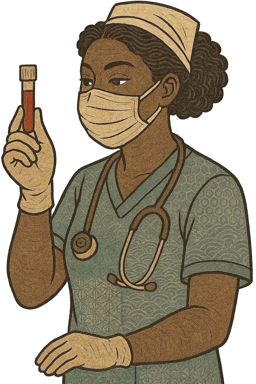 A modern black nurse holding a blood test emoji