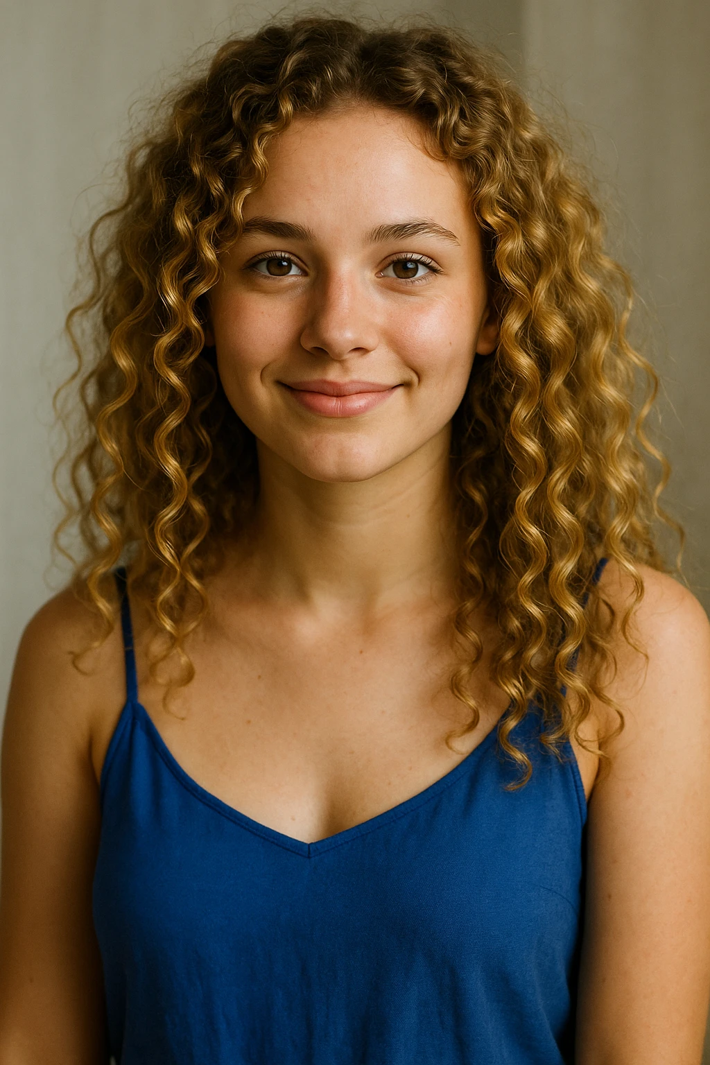 A girl with golden curly hair, brown eyes, wearing a blue camisole dress, friendly expression, upper body focus emoji