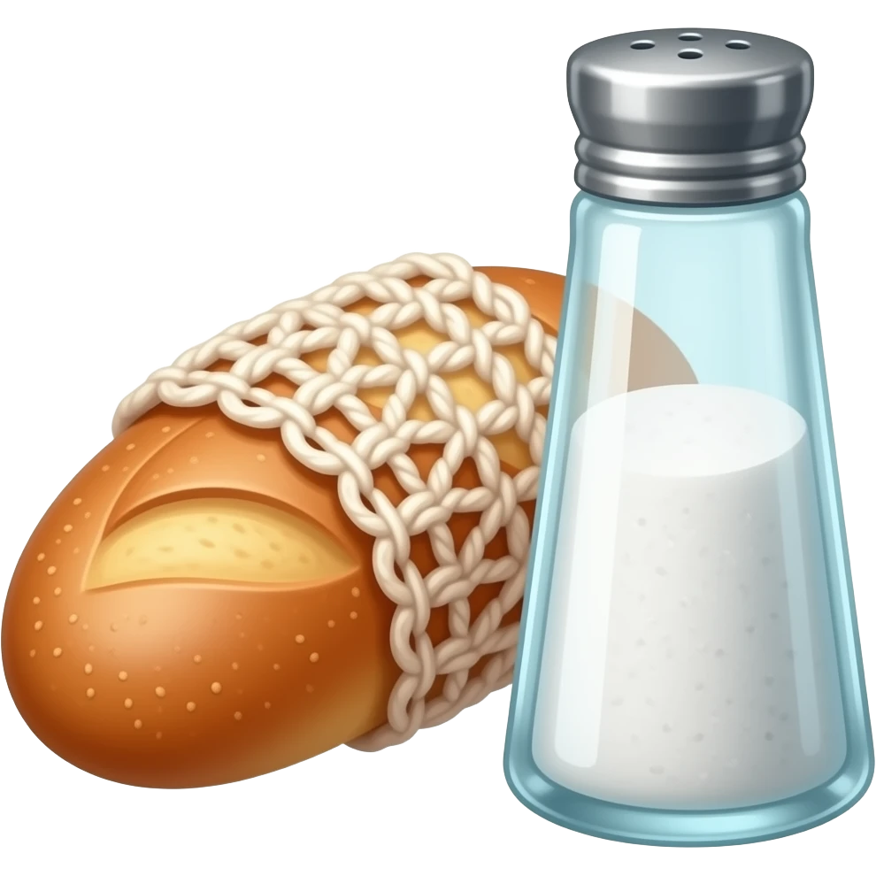 a small cut-out peasant bread wrapped in crocheted fabric, next to which stands a large glass salt shaker emoji