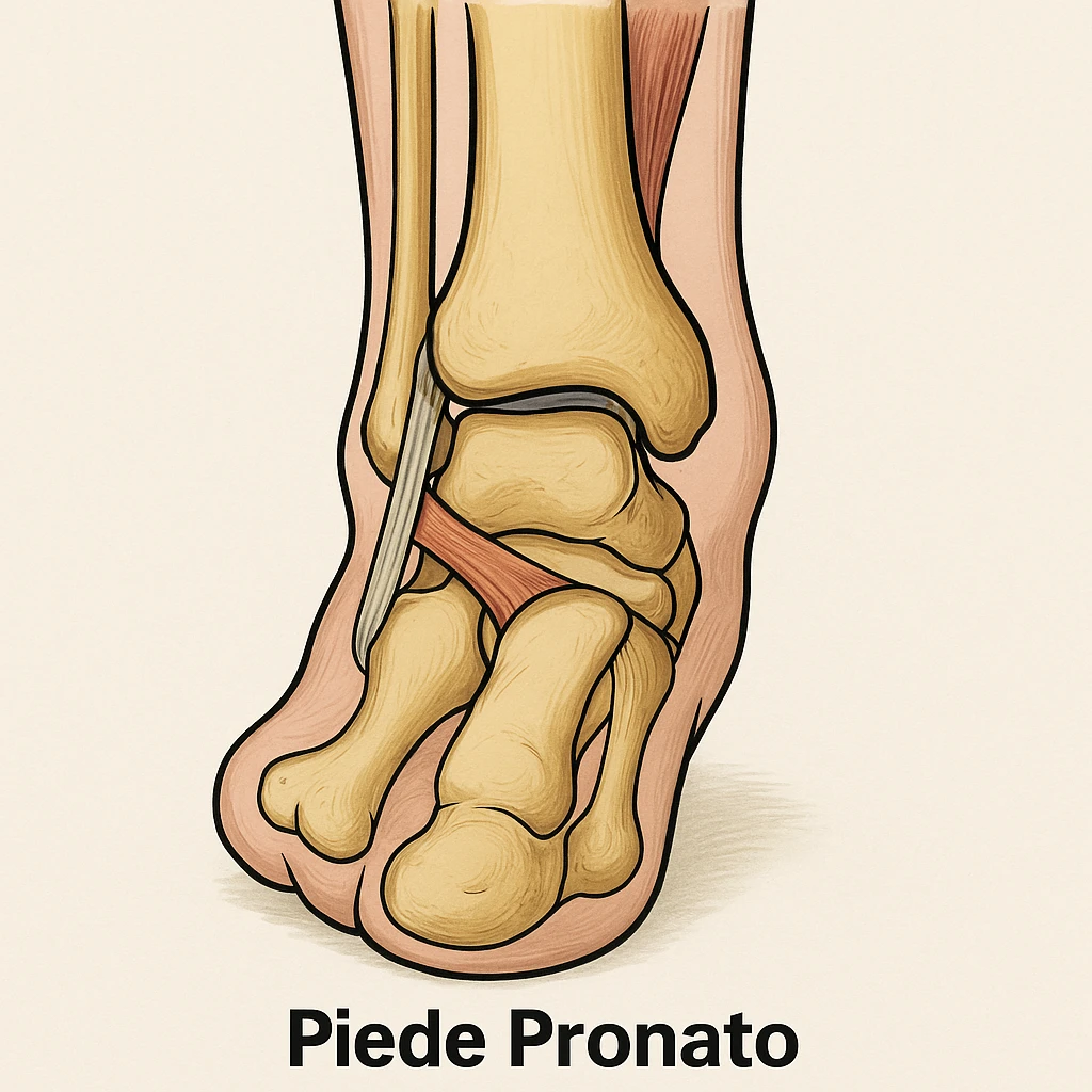 Anatomical illustration of a pronated foot, detailed bones and soft tissue, medical style, neutral background, with ligaments highlighted, inspired by the reference image. emoji