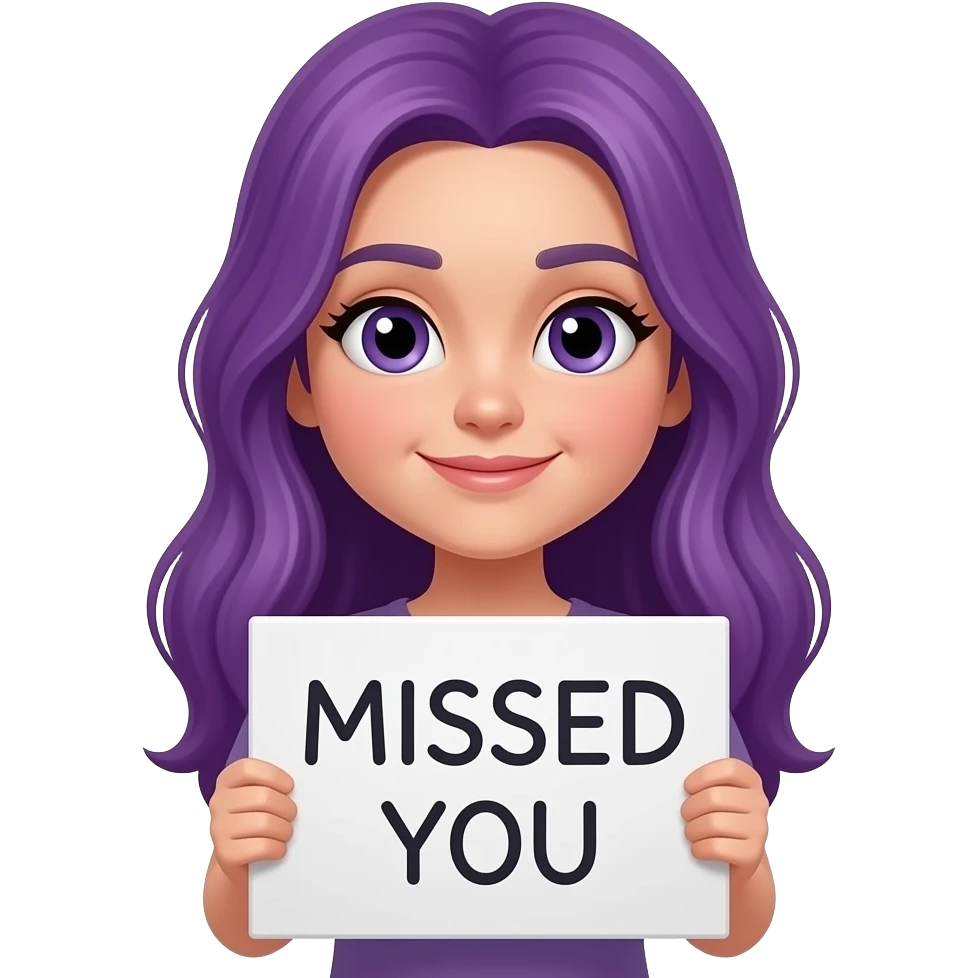 girl with long purple hair with a MISSED YOU sign emoji