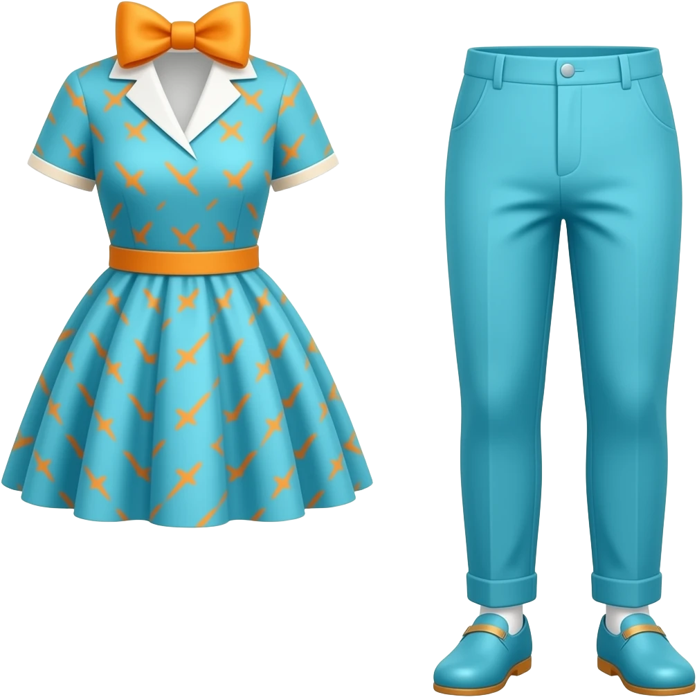 Outfit dress suite all  cyan orange line cyan pants and shoes orange bow emoji