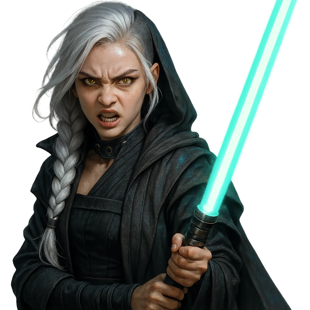  a closeup portrait of young woman with gold yellow eyes, white hair, long braid, black off-shoulder top, punk gothic style, futuristic cyberwave cyberpunk,  jedi attire and posture robes of a padawan, foreweilding a bright blue-green lightsaber, angry fierce face expression, power stance, 30-90 emoji