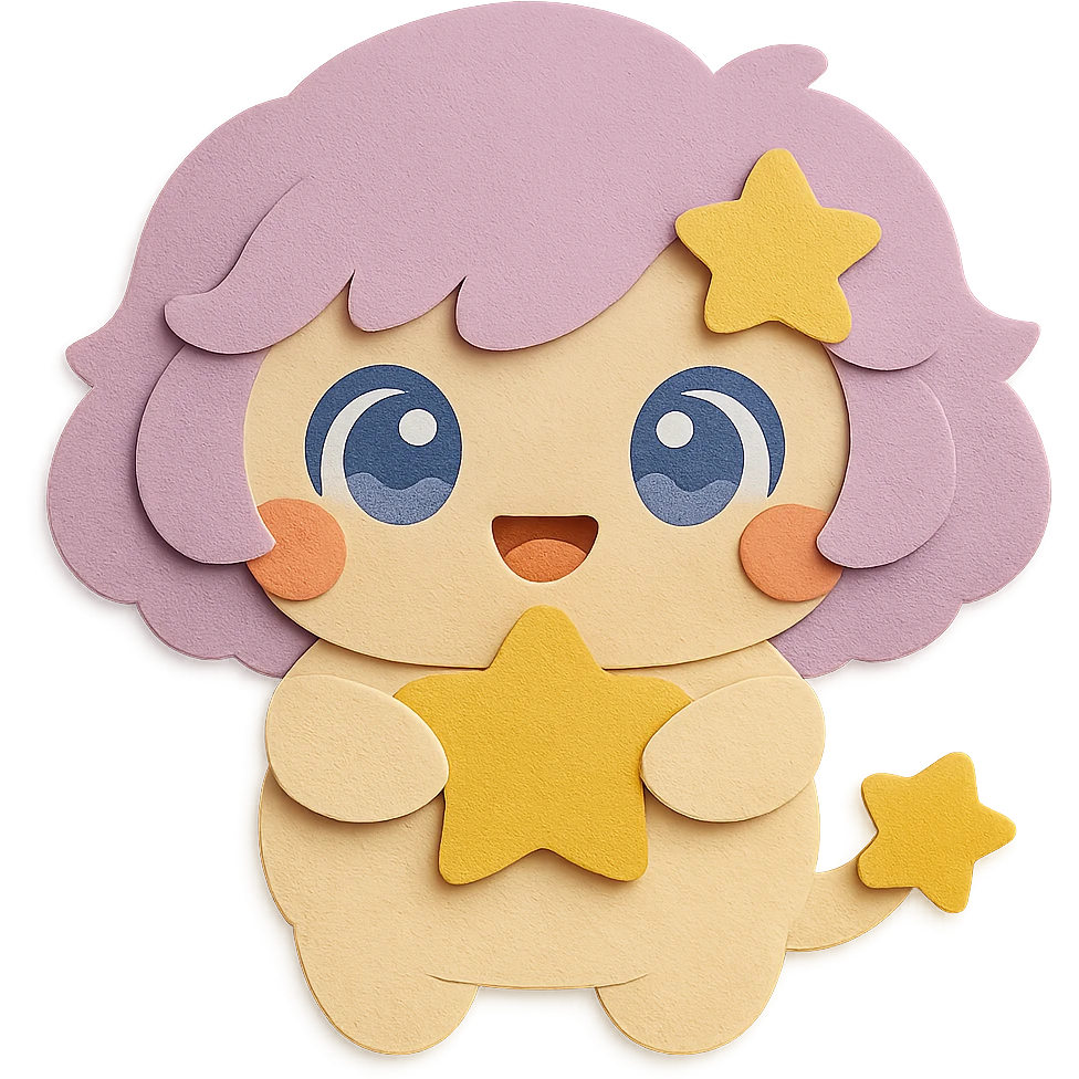 Match the hair color depth, shade, and gradient exactly to the reference image. Make the eyes identical in color, shape, and style to the reference image with no differences allowed. Keep all other features, pose, and expression the same: holding a full yellow star, open-mouth smile, yellow star in hair, no moon, full body, paper craft style, clean lines, and transparent background. emoji
