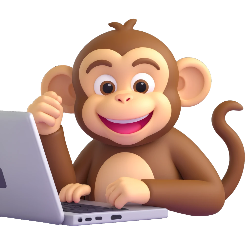 playful monkey at a computer, grinning emoji