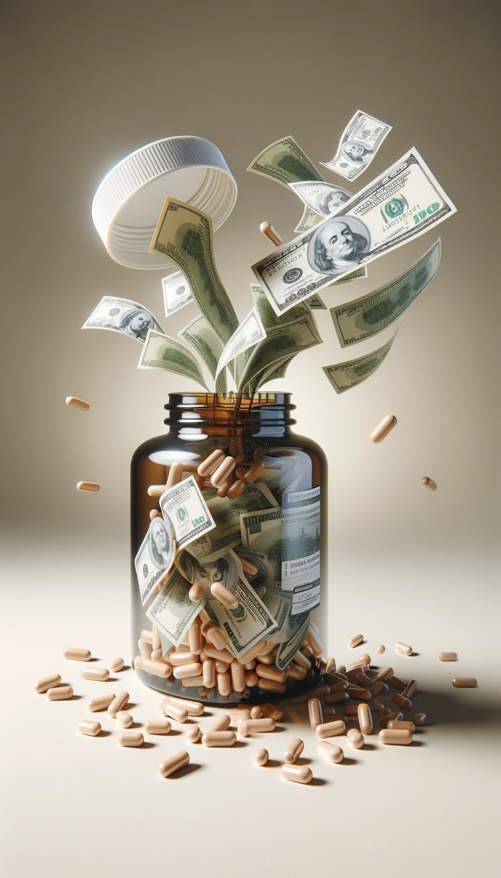 boccetta di integratore fluttua in aria, dalla boccetta aperta escono delle banconote, sfondo neutro chiaro, iperrealistico 4k emoji