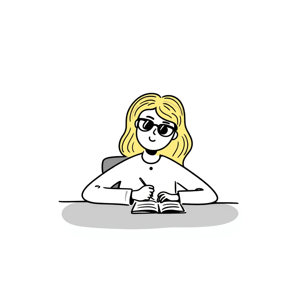 blonde woman wearing glasses, writing in a notebook emoji