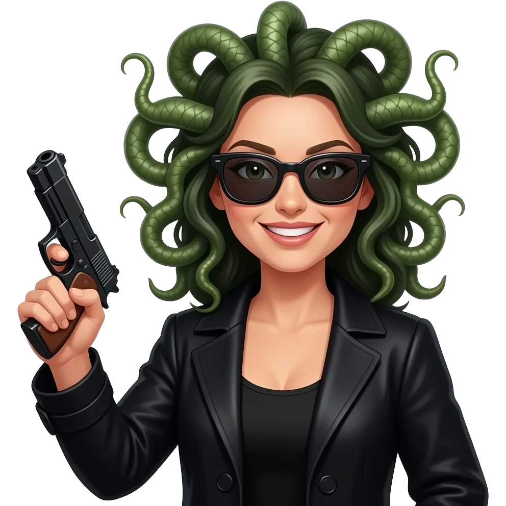 Giggling beautiful female Medusa in black coat with sunglasses holding gun emoji