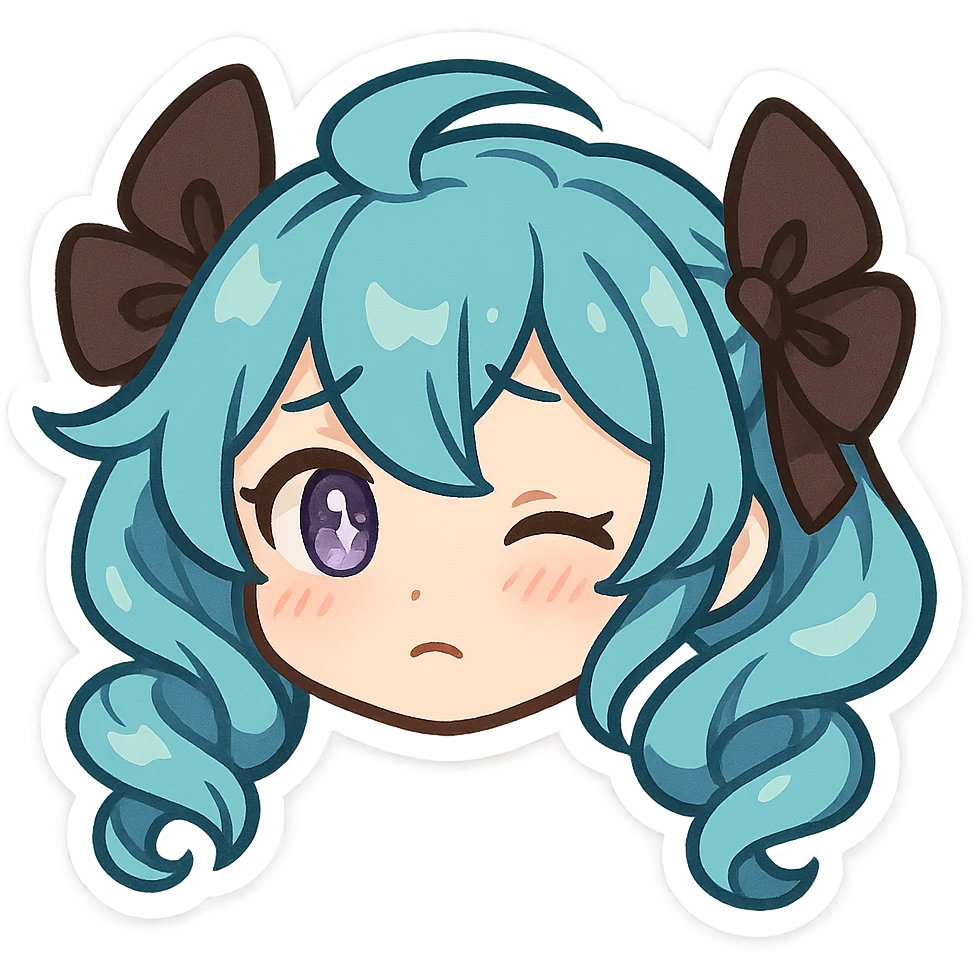 Gwen from League of Legends, chibi emote style, only head visible, right eye purple, shy expression, subtle sparkle in eyes, cute and expressive emoji
