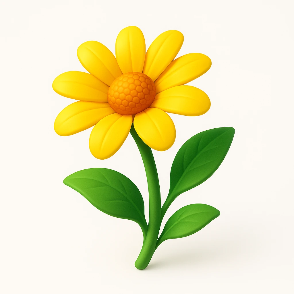Make the yellow rudbeckia flower with green leaves more volumetric, add pronounced light and shadow effects and realistic highlights in a 3D iOS style on a white background. emoji