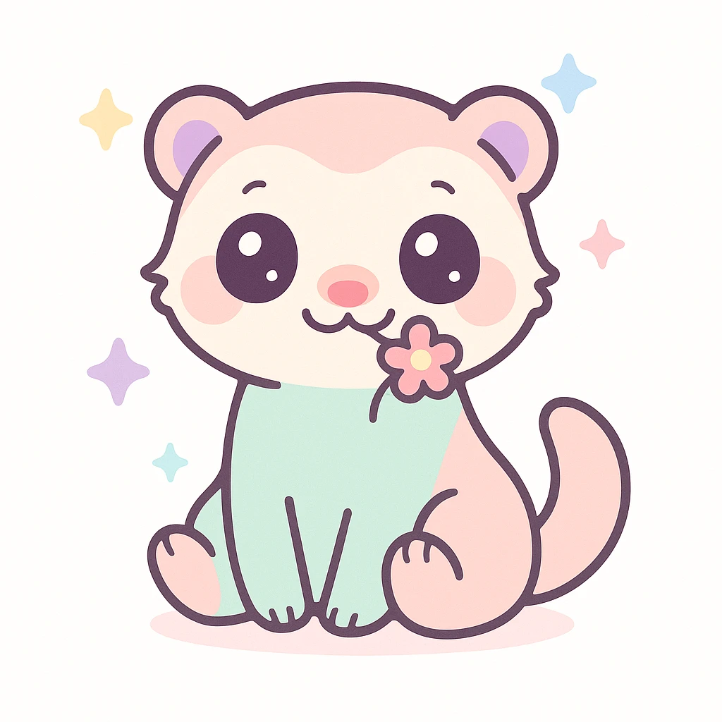 kawaii cartoon baby ferret, sitting with a tiny flower in its mouth, sparkly eyes, pastel colors, simple background emoji
